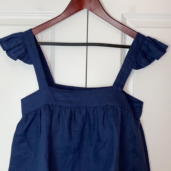 Square Neck Linen Cropped Ruffle Detail Sleeveless Navy Top Size XS - Picture 3 of 6